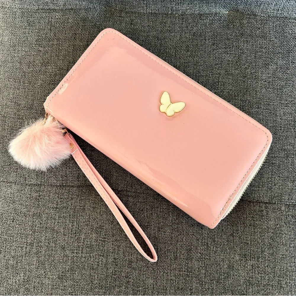 Pink Patent Butterfly Double Zip Around Wallet / Wristlet with Pom Pom Charm